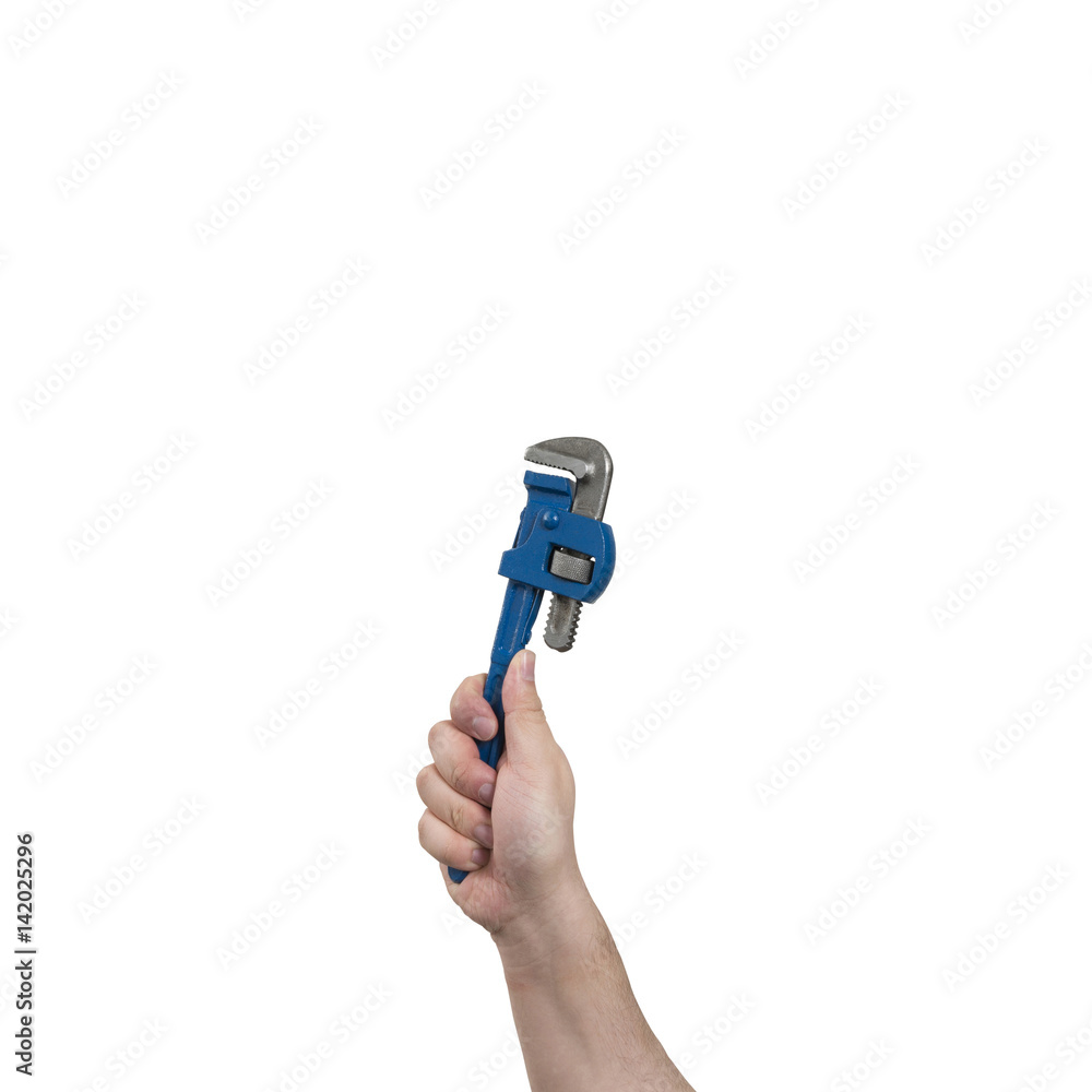 Hand Holding a Blue Pipe Wrench with Clipping Path Hand Holding a Blue Pipe Wrench with Clipping Path