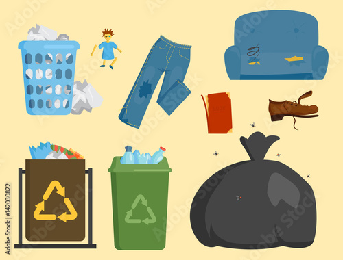 Recycling garbage elements trash bags tires management industry utilize concept and waste ecology can bottle recycling disposal box vector illustration.