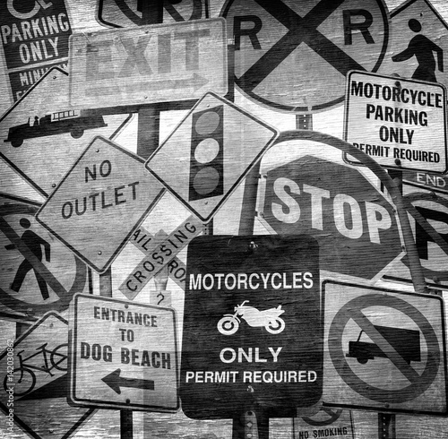 aged and worn vintage traffic signs design on wood grain texture Stock ...