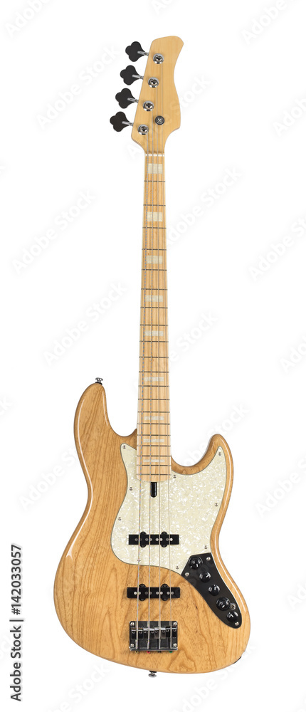 Wooden Electric Bass Guitar Isolated on White Background