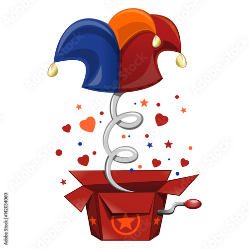 Jack in the box toy, springing out of a box. Cap and bells. Fool's cap. Illustration for celebrating April Fool's Day. Vector illustration