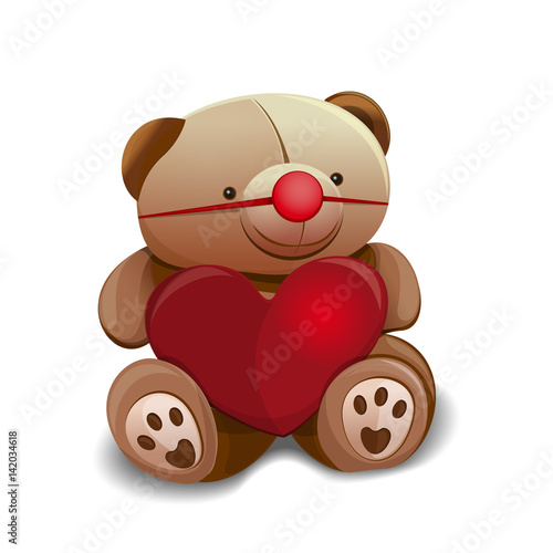 Teddy bear with red rubber clown nose and a big red heart. Vector illustration for celebrating April Fools Day