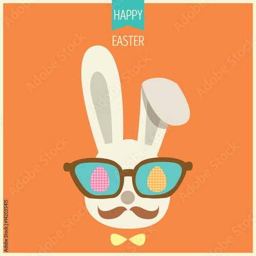 Illustration vector of bunny easter with sunglasses and eggs in hipster style.Orange background color.