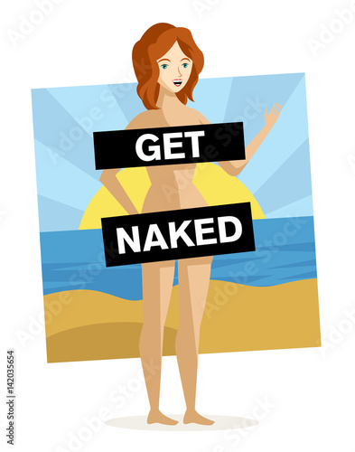 happy woman naked on nudist beach