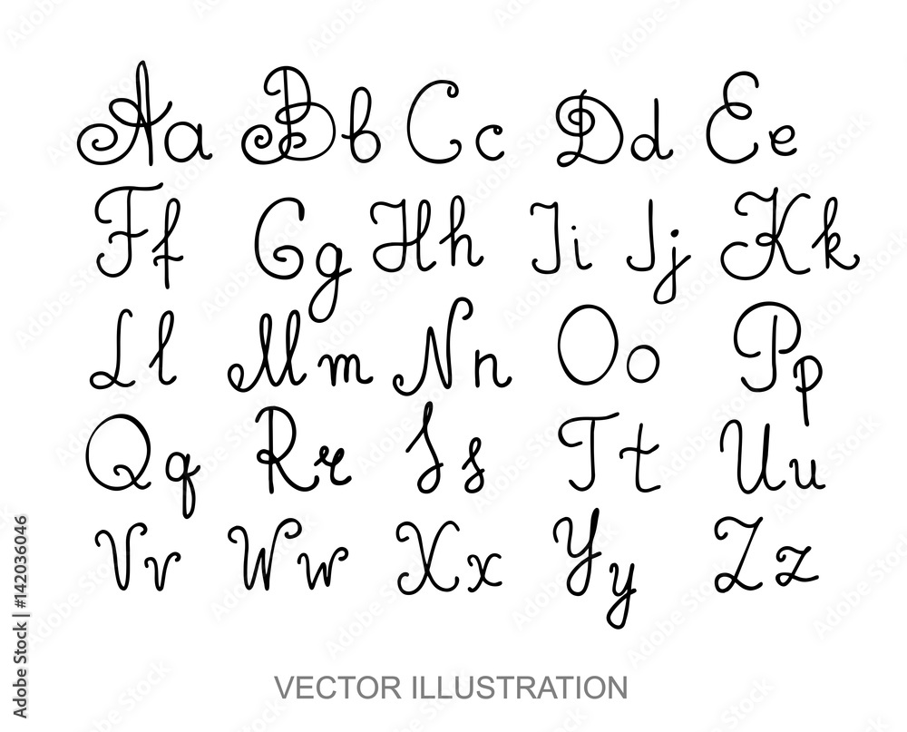 Hand drawn alphabet letters written with a pen, vector of calligraphy font