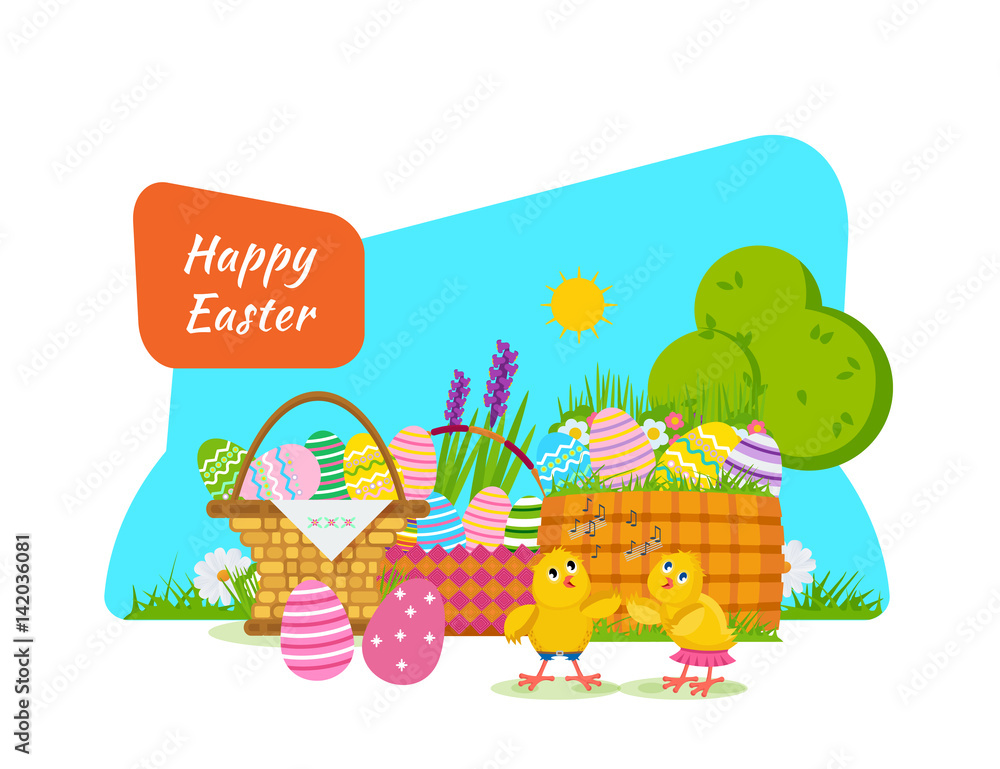 Naklejka premium Two chicks frolic and have fun next to Easter basket.