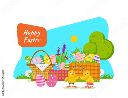 Two chicks frolic and have fun next to Easter basket.
