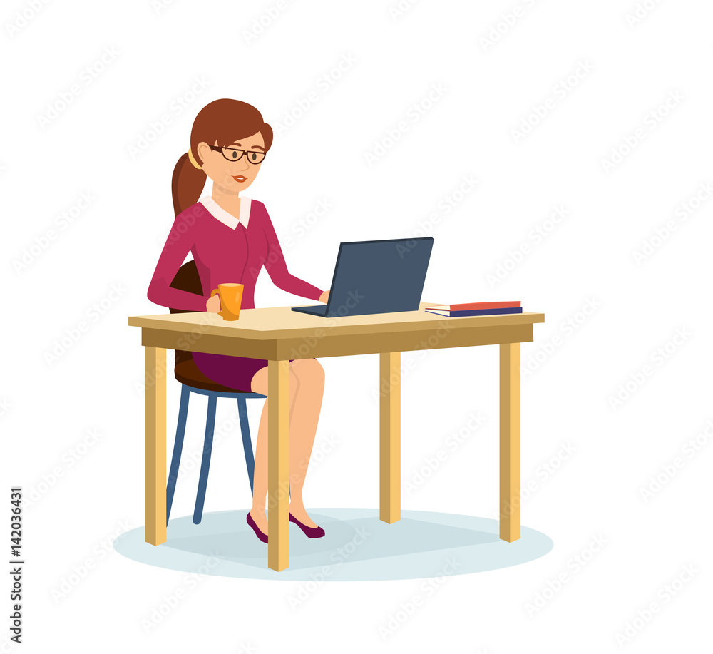 Girl in strict clothes, working at computer in the cabinet. Girl in strict clothes, working at computer in the cabinet.