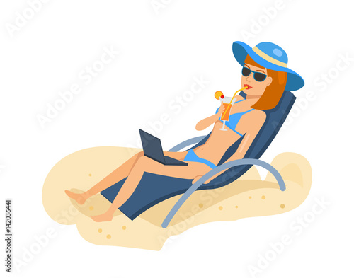 Young tanned girl in beautiful underwear resting on beach.