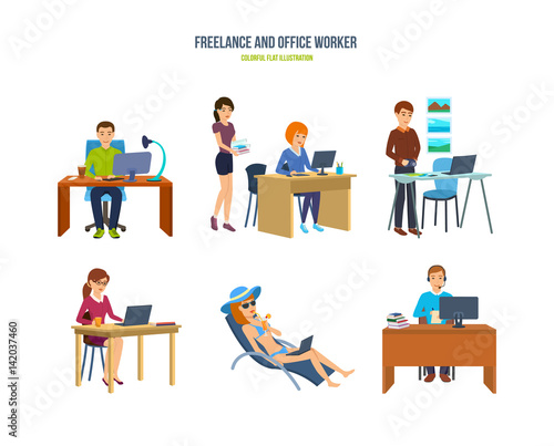 Freelancers and office workers in various situations and environments.