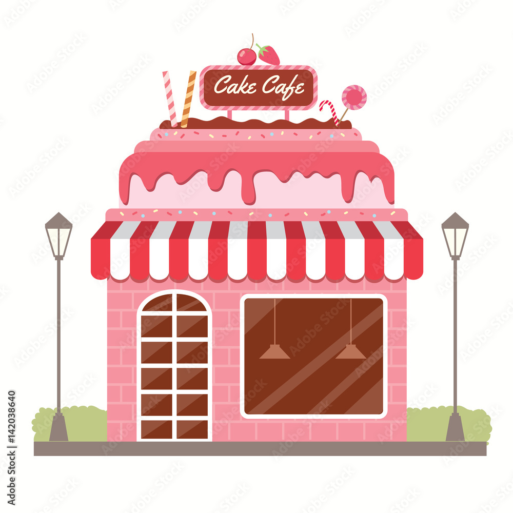 Exterior of cake cafe shop design with pink color Stock Vector Adobe