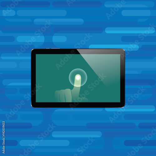 Digital tablet with shiny sensor screen with touch hand. Electronic smart device