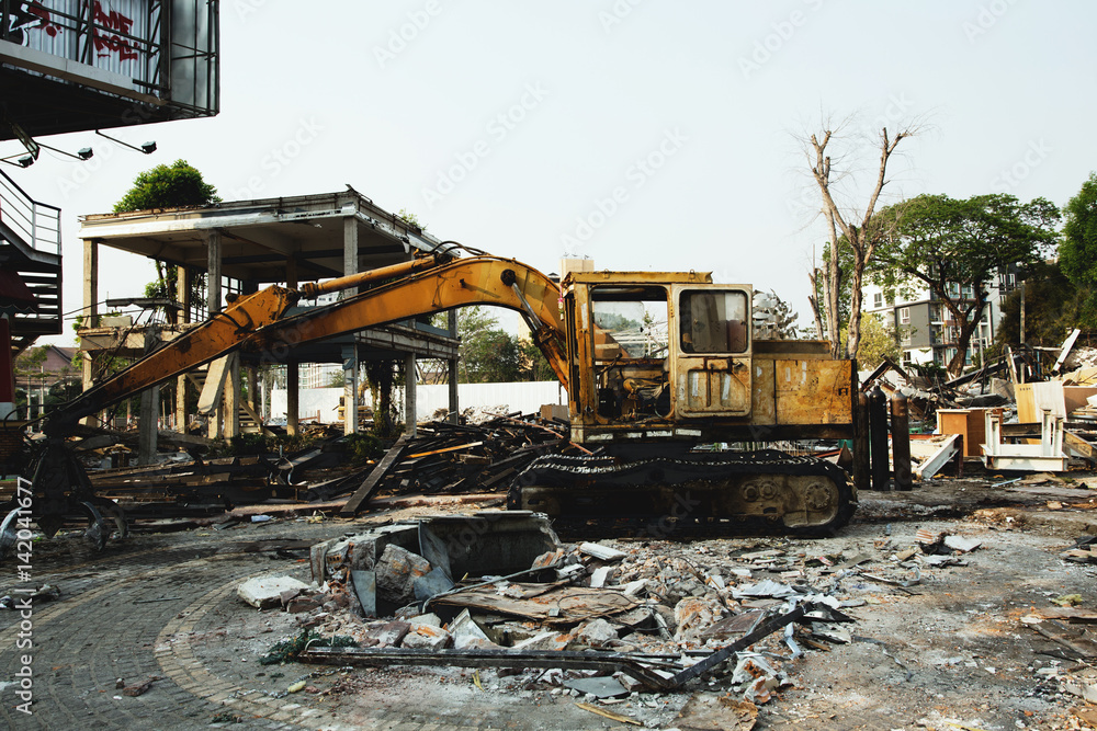 Fototapeta premium Old backhoe loaders that are heavily used in construction sites