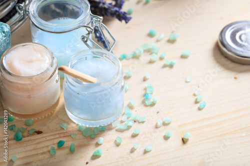 Variety of creams and lavender - spa concept