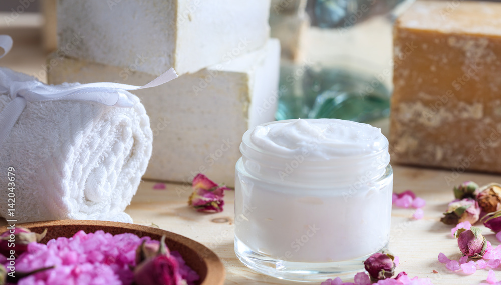 Variety of creams and bath salt - spa concept Variety of creams and bath salt - spa concept