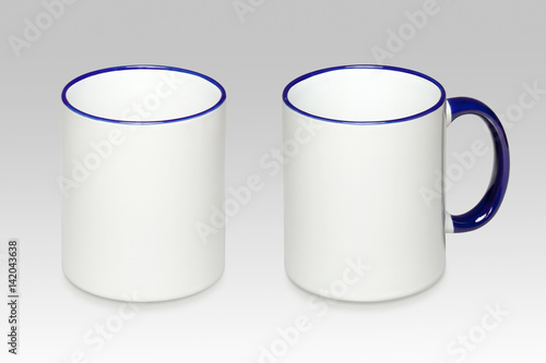 Two positions of a white mug on a gray background