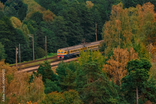 Passenger electric train moving through the forest in Riga