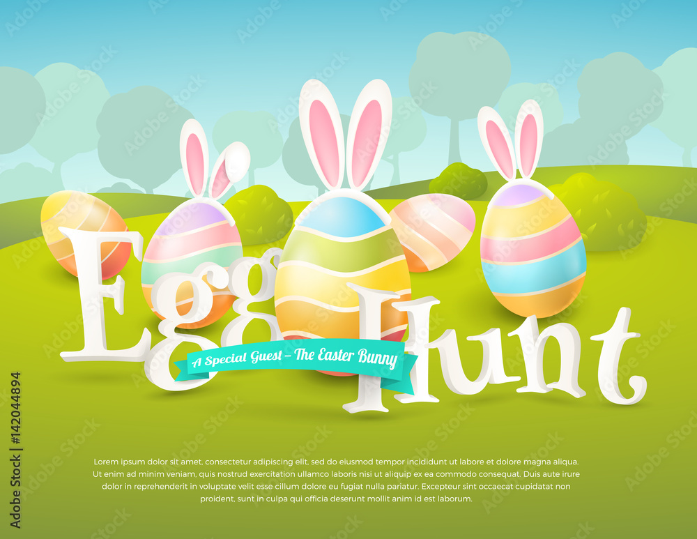 Fototapeta premium Vector cute poster for Easter Egg Hunt with colored eggs and ears of a bunny. Cartoon spring scene with place for text. Holiday background for flyers and banners design.