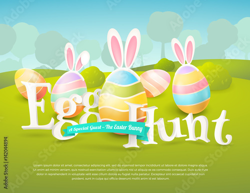 Vector cute poster for Easter Egg Hunt with colored eggs and ears of a bunny. Cartoon spring scene with place for text. Holiday background for flyers and banners design.
