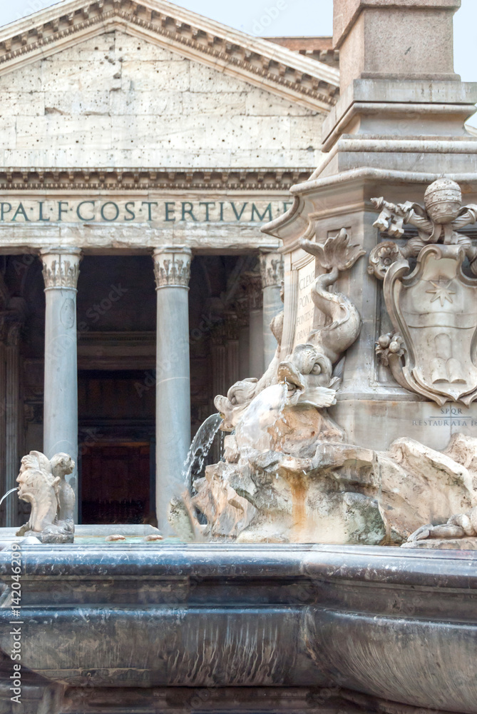 Portion of the Fountain of the Pantheon and Pantheon in the Piazza della Rotonda, Rome, Italy