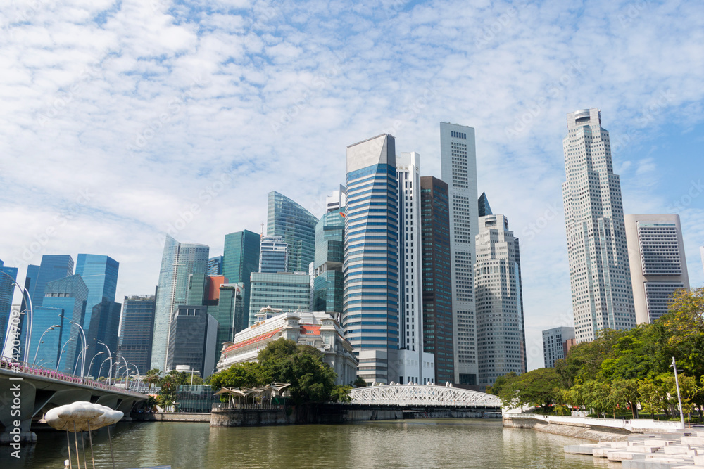 Afternoon view skyline or downtown of Marina Bay a beautiful landmark in Singapore shot at street walk on Anderson Bridge.