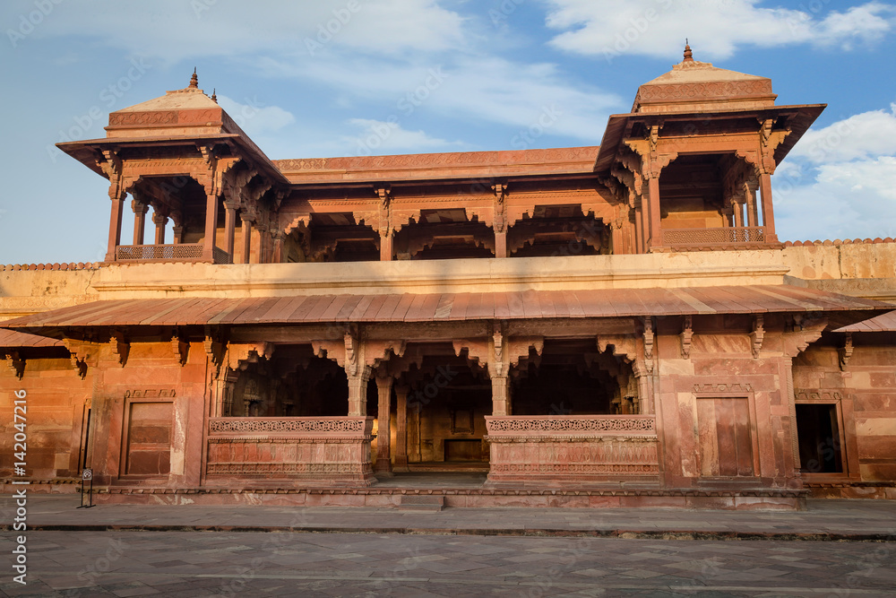 Red sandstone architecture at Fatehpur Sikri Agra - A UNESCO World heritage site. A temple inside Jodha Bai palace at Fatehpur Sikri.