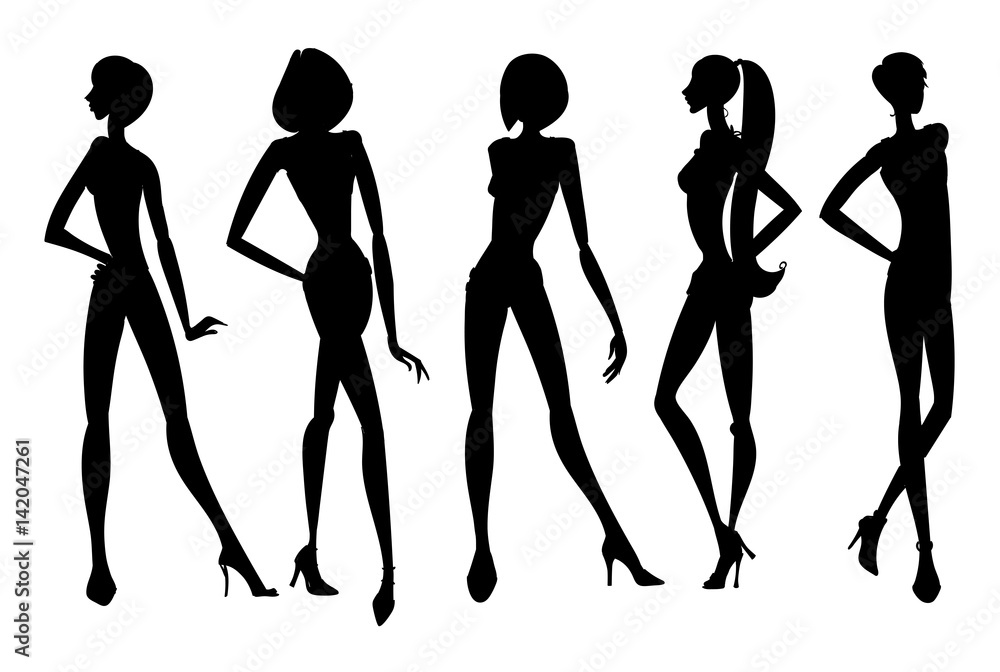 Set of young girls silhouettes posing with hand on hip. Vector illustration Set of young girls silhouettes posing with hand on hip. Vector illustration