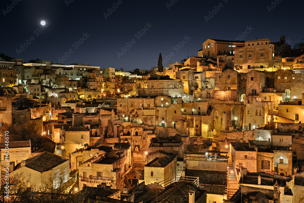 Matera, Basilicata, Italy: night view of the old town