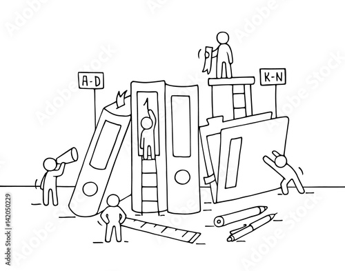 Sketch of working little people with folders, office supplies.