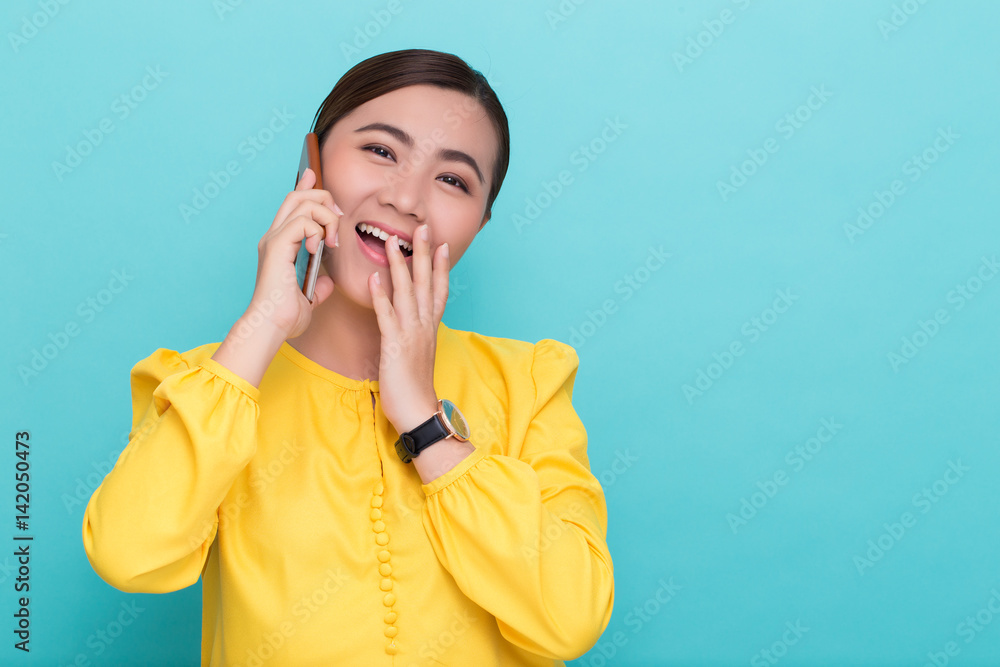 Woman calling the smartphone and she feel happy Woman calling the smartphone and she feel happy