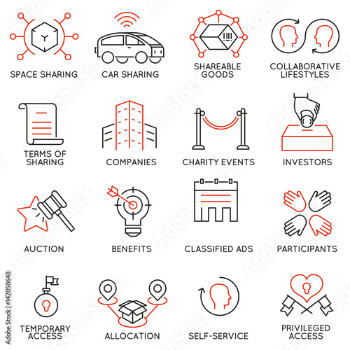 Vector set of 16 thin icons related to altruism, cooperation, collaborative consumption and volunteering. Mono line pictograms and infographics design elements - part 2
