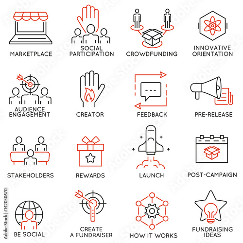 Vector set of 16 thin icons related to crowdfunding, crowdsourcing, fundraising and support. Mono line pictograms and infographics design elements