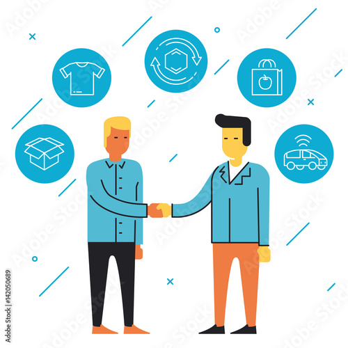 Vector linear flat concept related to altruism, cooperation and collaborative consumption. Modern infographics illustration for design