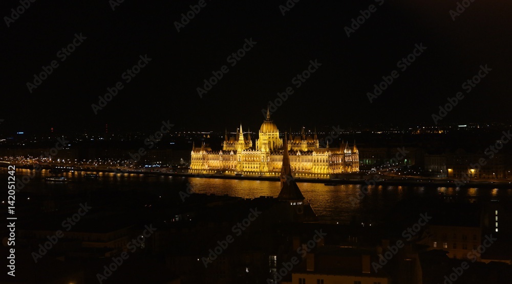 Night scene of Parliament building in Budapest from Fisherman`s bastion