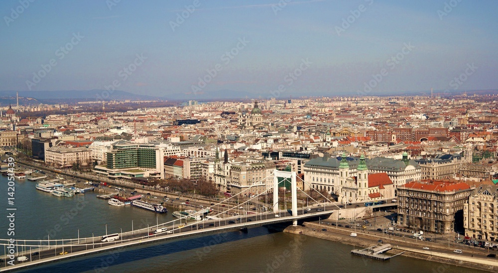 Cityscape of Budapest with view of Elisabeth Bridge and St Stephens basilica