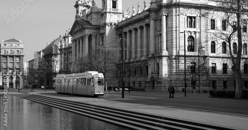 Black and white picture of Ethnography Museum and historical tram in Budapest © Ilona