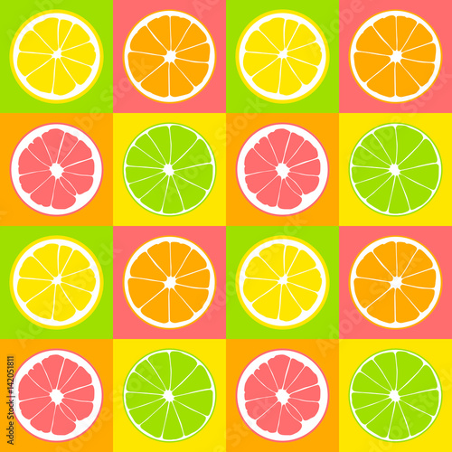 Seamless pattern. Slices of lime, lemon, grapefruit, orange on background of yellow, pink, green and orange squares.