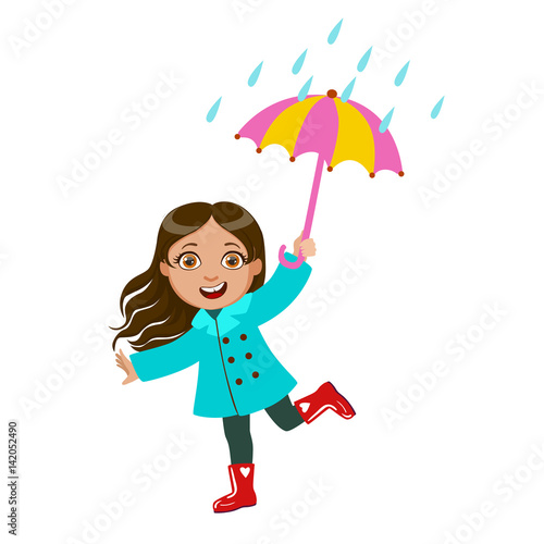 Girl Dancing Under Raindrops With Umbrella, Kid In Autumn Clothes In Fall Season Enjoyingn Rain And Rainy Weather, Splashes And Puddles