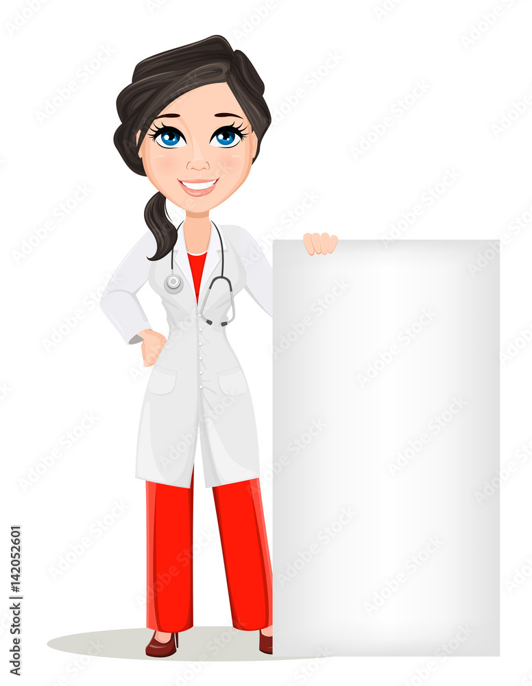 Doctor woman with stethoscope. Cute cartoon smiling doctor character in medical gown standing near big blank banner. Vector illustration. EPS10 Doctor woman with stethoscope. Cute cartoon smiling doctor character in medical gown standing near big blank banner. Vector illustration. EPS10
