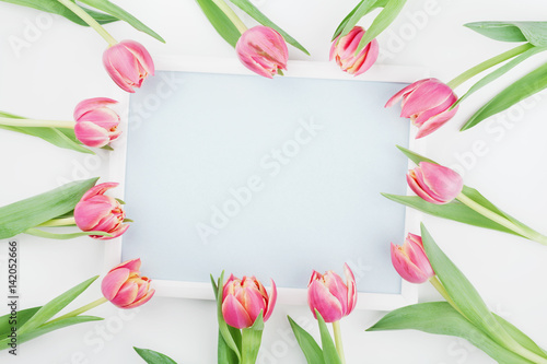 Fototapeta Naklejka Na Ścianę i Meble -  Pink tulip flowers and frame for spring mockup top view in flat lay style with empty space for text. Greeting for Woman or Mother Day.