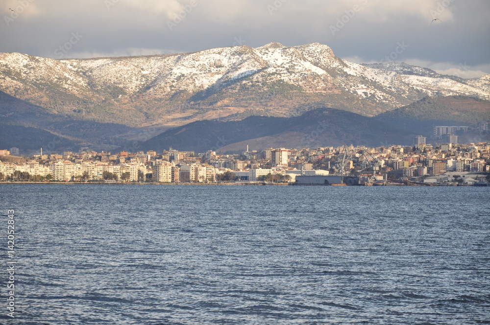 mountains, snow, sea, city, crowded