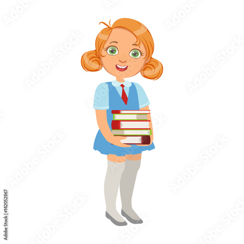 Girl In School Uniform Holding Pile Of Books , Part Of Kids Loving To Read Vector Illustrations Series