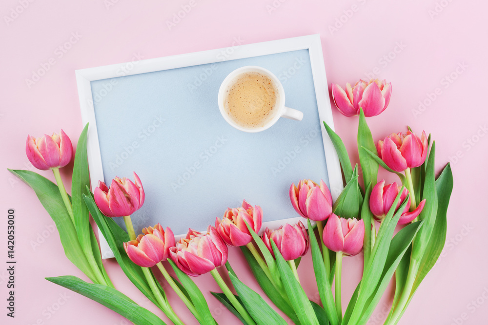 Cup Of Coffee And Spring Flowers ( Peach) On Pink Wooden Table. Stock  Photo, Picture and Royalty Free Image. Image 70289623.