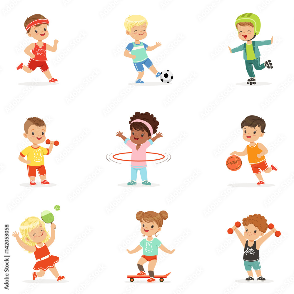 Small Kids Playing Sportive Games And Enjoying Different Sports Exercises Outdoors And In Gym Set Of Cartoon Illustrations Small Kids Playing Sportive Games And Enjoying Different Sports Exercises Outdoors And In Gym Set Of Cartoon Illustrations