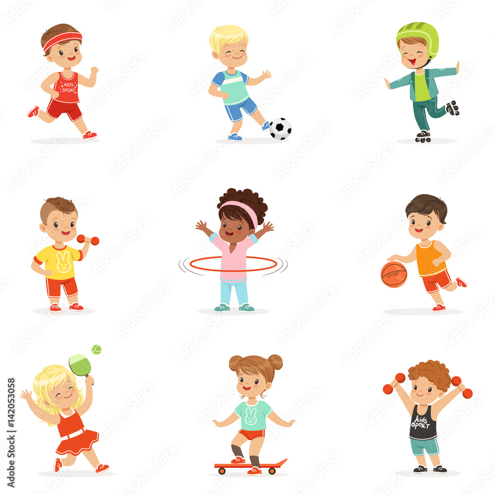 Small Kids Playing Sportive Games And Enjoying Different Sports Exercises Outdoors And In Gym Set Of Cartoon Illustrations