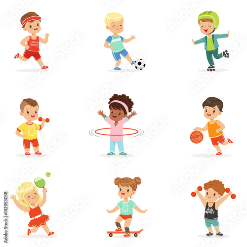 Small Kids Playing Sportive Games And Enjoying Different Sports Exercises Outdoors And In Gym Set Of Cartoon Illustrations