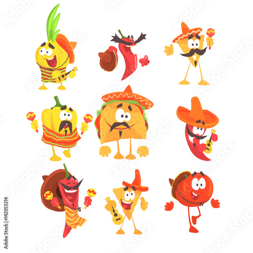 Mexican Food And Vegetables Set OF Cool Cartoon Characters In National Clothes With Guitars And Maracas, Smiling And Dancing