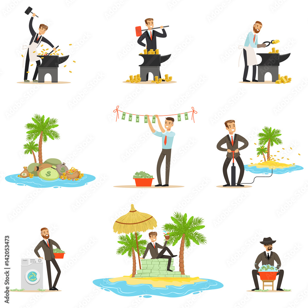 Naklejka premium Illegal Money Laundering And Using Offshores Series Of Illustrations With Corrupt Businessman Washing Dirty Money