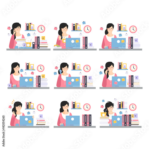 Female Office Worker Daily Work Scenes With Different Emotions, Set Of Illustrations Of Busy Day At The Office