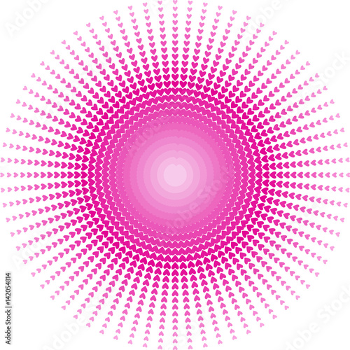 Abstract pink heart of hearts rays vector. Small blending pink and red hearts in sunburst design in white background.